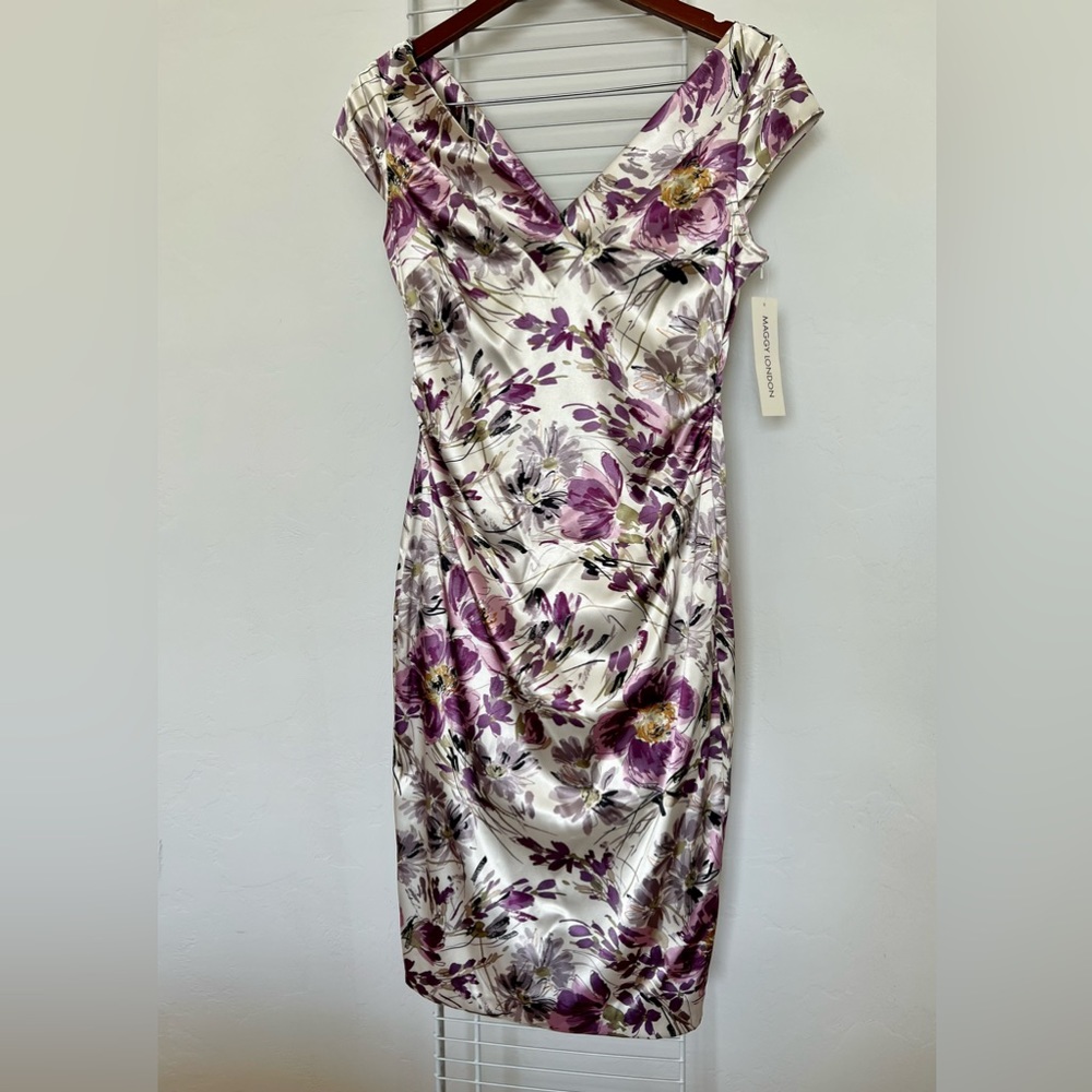 Maggie London size 10 dress. Purple and white with flower pattern.